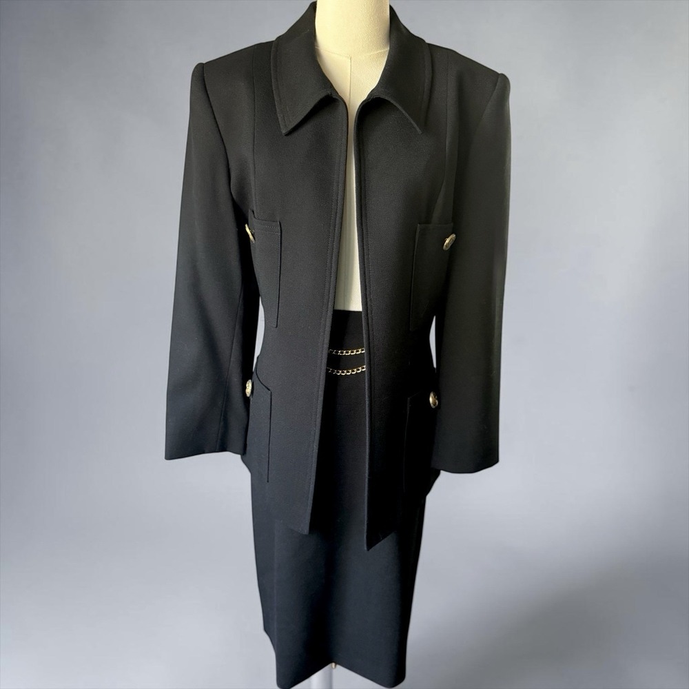 Herbert Grossman Black Skirt Suit Gold Chain Accent Size 12 Vintage